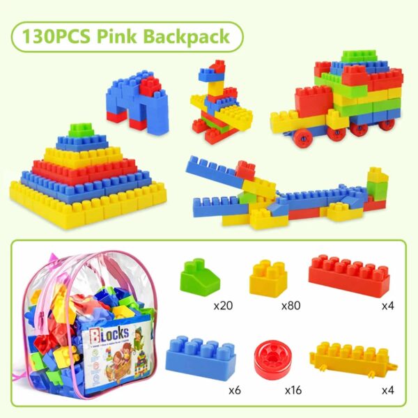 130 Pcs Building Toys for Toddlers, First Builders Building Blocks with Building Bag, Educational Assembly Toys Creative Kids Building Blocks for Children Boys and Girls Gift – Image 2