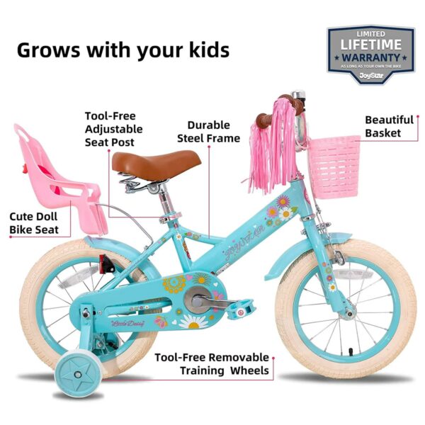 JOYSTAR Little Daisy 14 Inch Kids Bike for 3 4 5 Years Girls with Handbrake Children Princess Bicycle with Training Wheels Basket Streamer Toddler Cycle Bikes Blue – Image 2
